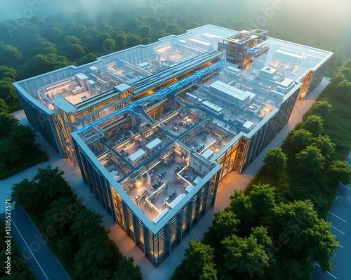 Modern industrial facility with advanced architecture and a complex layout during early morning light
