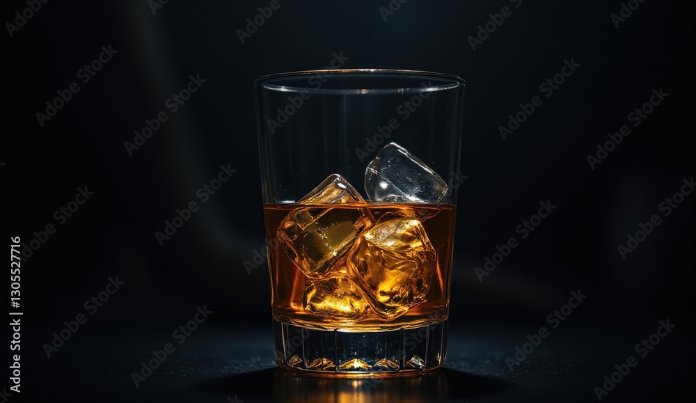 Stylish Glass of Whiskey with Ice Cubes on Dark Background for Luxury Lifestyle Stylish Glass of Whiskey with Ice Cubes on Dark Background for Luxury Lifestyle