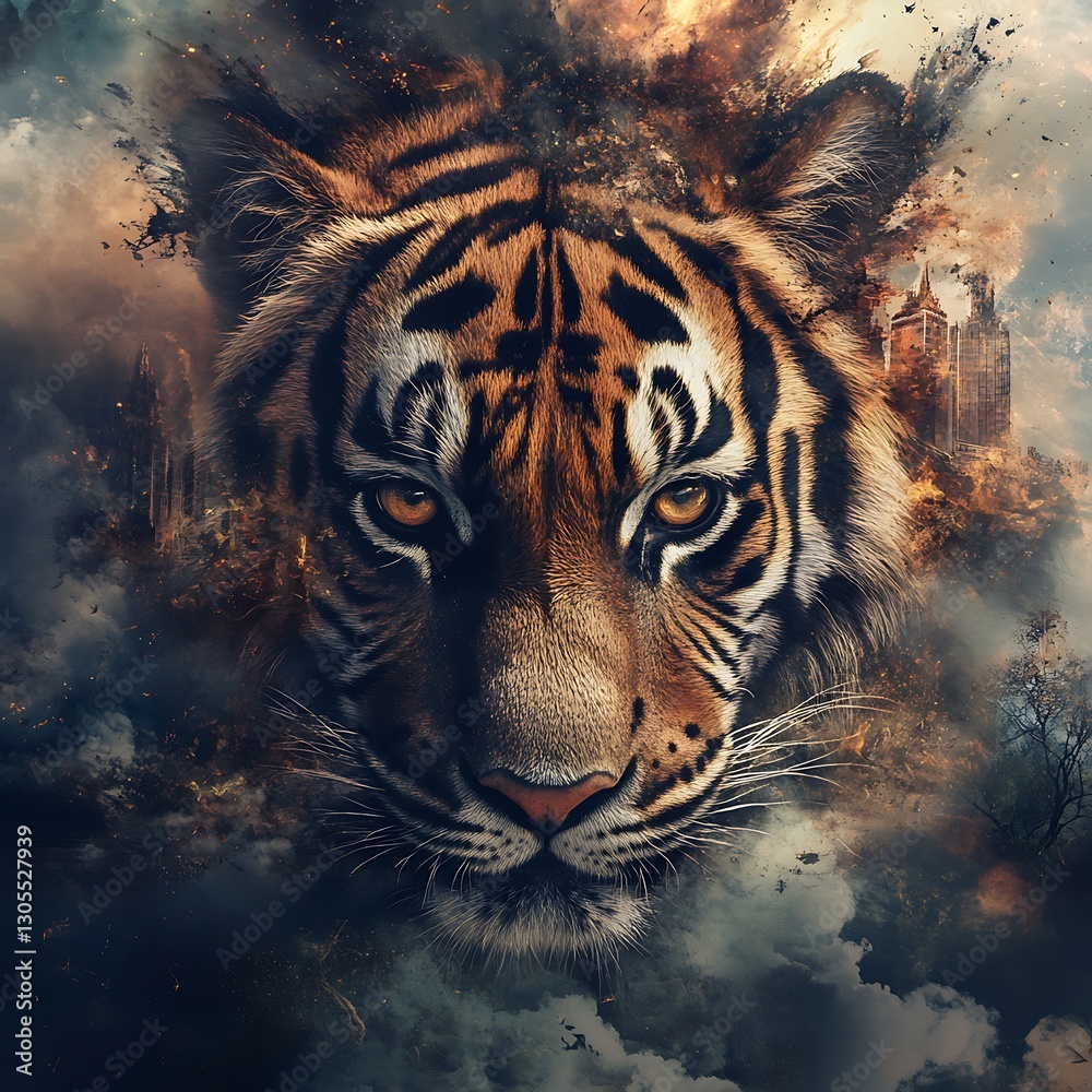 Naklejka premium Tiger with two adorable cubs in lush natural setting high resolution picture