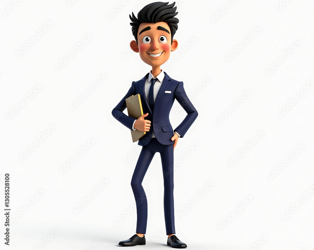 Professional animated character in a suit holding a folder and smiling at a neutral background Professional animated character in a suit holding a folder and smiling at a neutral background