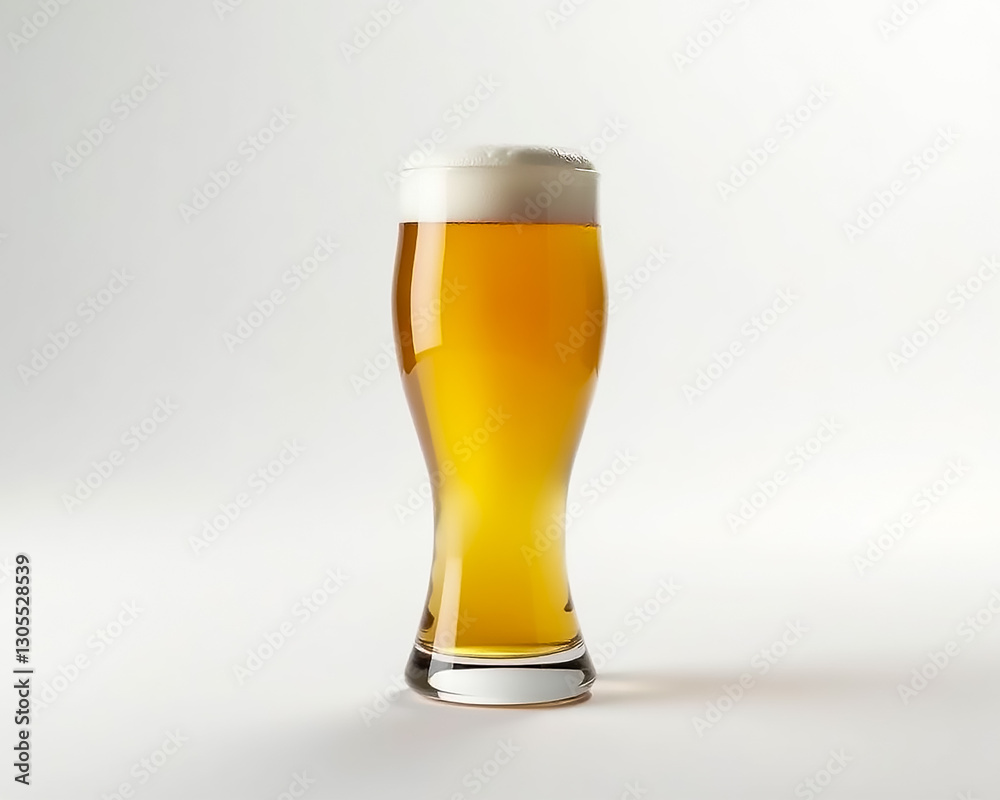 Golden lager served in a tall glass with a frothy head against a plain background Golden lager served in a tall glass with a frothy head against a plain background
