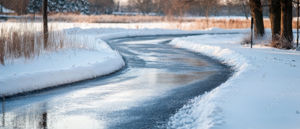 A gently curving icy road stretches through a snowy field, bordered by trees, under a clear winter sky.