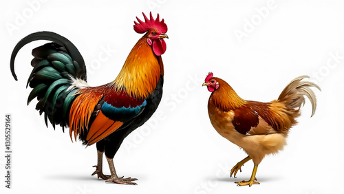 Colorful rooster and hen standing side by side in a vibrant display of feathers on a bright background