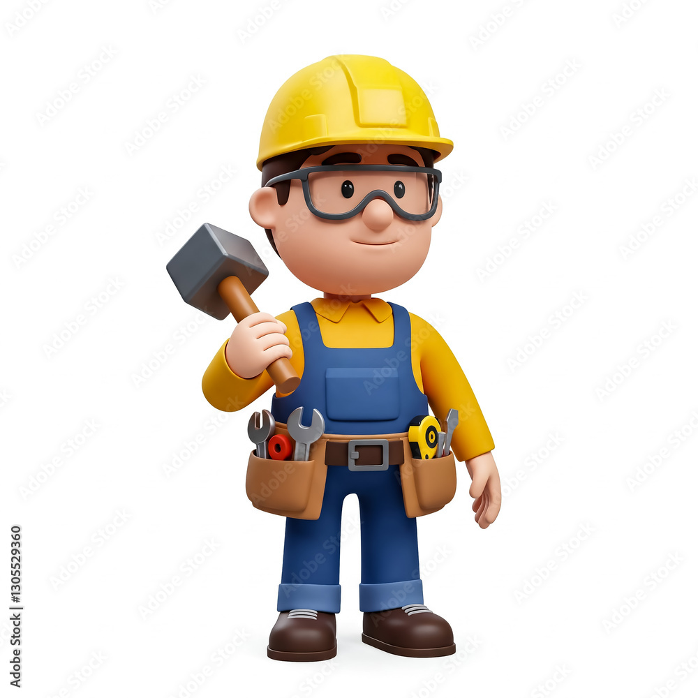 Cartoon builder figure holding a hammer stands confidently in a construction outfit with tools at his side Cartoon builder figure holding a hammer stands confidently in a construction outfit with tools at his side