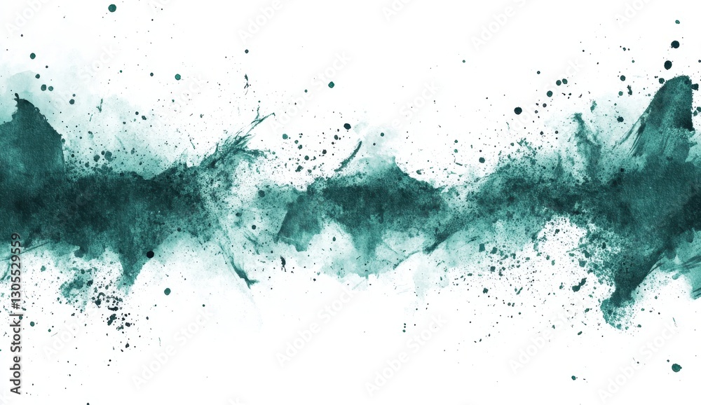 Obraz premium A vibrant splash of teal and turquoise creates an abstract design, featuring soft edges and scattered particles against a white background.