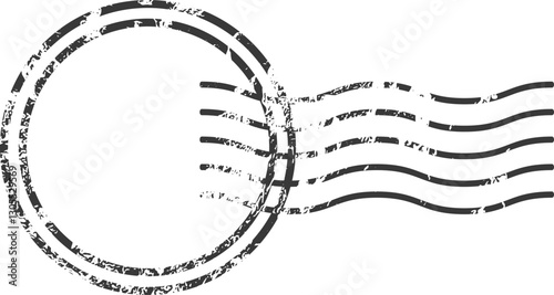Grunge empty black vector postal stamp imprint with wavy lines and blank circular area for validation and authenticity