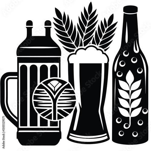 Vintage Beer Mug Collection,Retro Beer Glasses and Barley,Classic Beer Stein Design | Brewery-Themed Artwork.