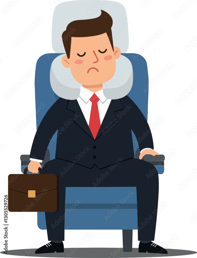 Businessman in a suit sitting in an airplane seat with a briefcase, flat vector illustration reflecting travel fatigue and professionalism Businessman in a suit sitting in an airplane seat with a briefcase, flat vector illustration reflecting travel fatigue and professionalism
