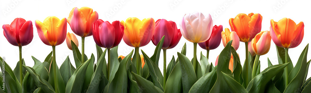 Fototapeta premium colorful tulips border isolated on a white background, front view,