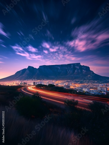 Dramatic Sunset Skyline of Cape Town with Iconic Table Mountain