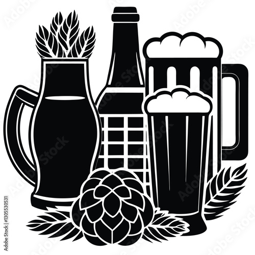 Vintage Beer Mug Collection,Retro Beer Glasses and Barley,Classic Beer Stein Design | Brewery-Themed Artwork.