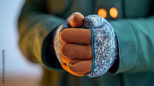 Close-up of gloved hands clasped together, showcasing warmth and comfort in a cozy indoor setting photo