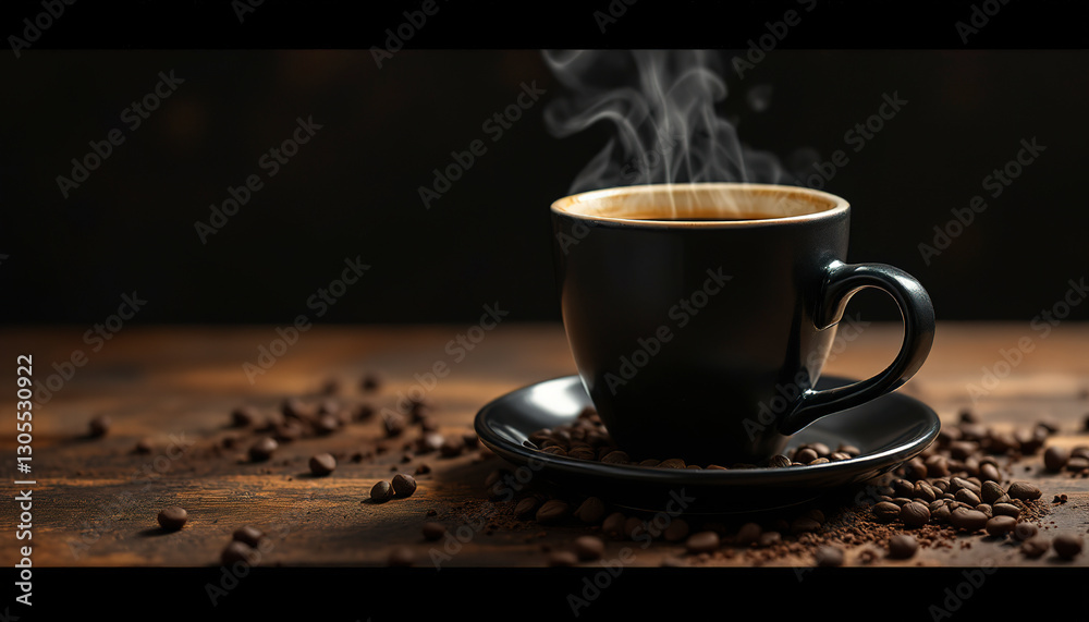 A steaming cup of coffee rests on a saucer with beans A steaming cup of coffee rests on a saucer with beans