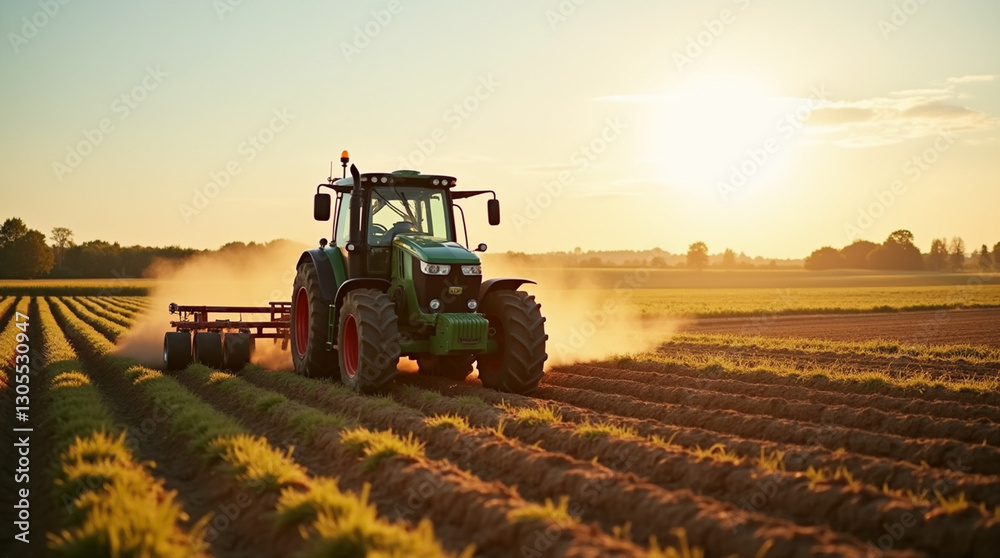 Fototapeta premium Red Tractor Working in a Field at Sunset: Modern Agriculture and Farming
