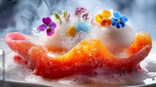 Michelin style gastronomic dish plated with molecular foam edible flowers and striking colors highlighting avant garde culinary innovation