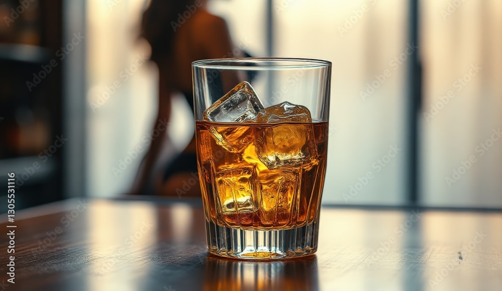 Refreshing Whiskey Cocktail in Clear Glass with Ice on Stylish Bar Table Refreshing Whiskey Cocktail in Clear Glass with Ice on Stylish Bar Table