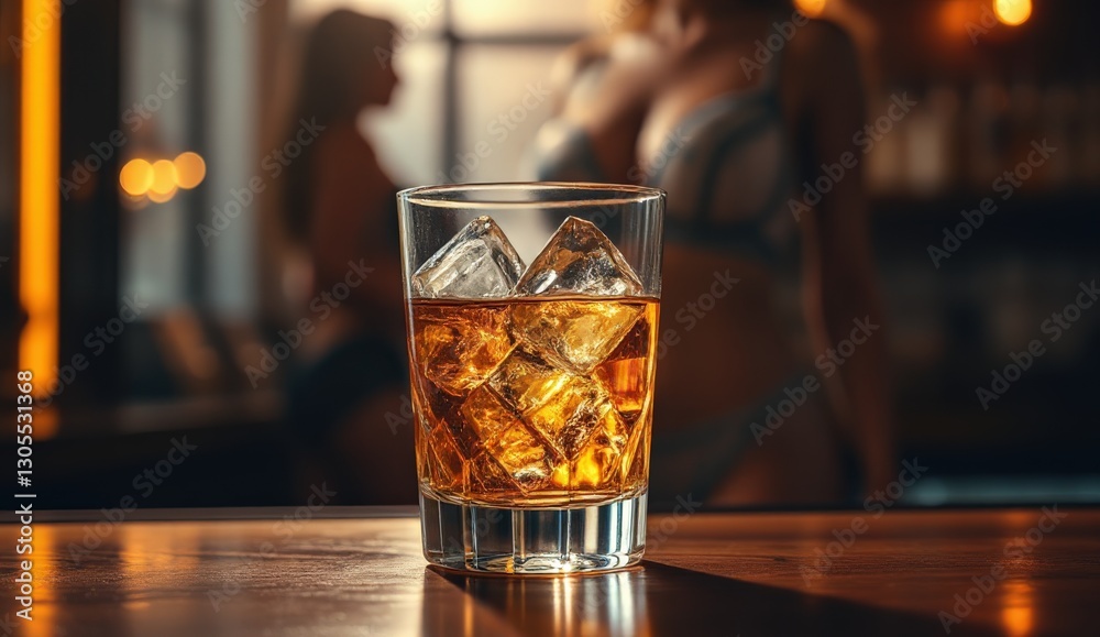 Chic Glass of Whiskey on Bar Counter with Attractive Women in Background Chic Glass of Whiskey on Bar Counter with Attractive Women in Background