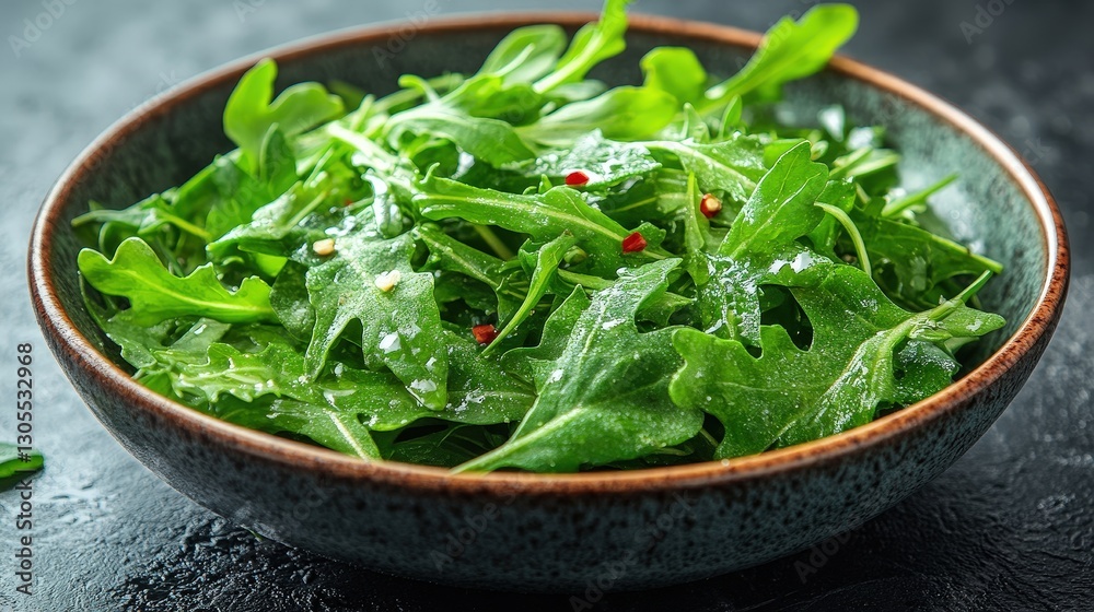 Fresh arugula salad in bowl, dark background Fresh arugula salad in bowl, dark background