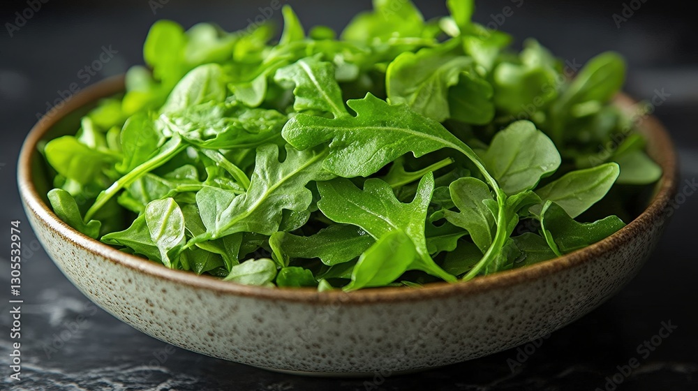 Fresh Arugula Salad in Bowl on Dark Surface Fresh Arugula Salad in Bowl on Dark Surface