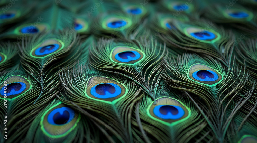 Obraz premium Macro Shot of Water Droplets on the Shimmering Tail Feathers of a Peacock