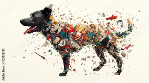 A dog made of scattered items and various collected materials