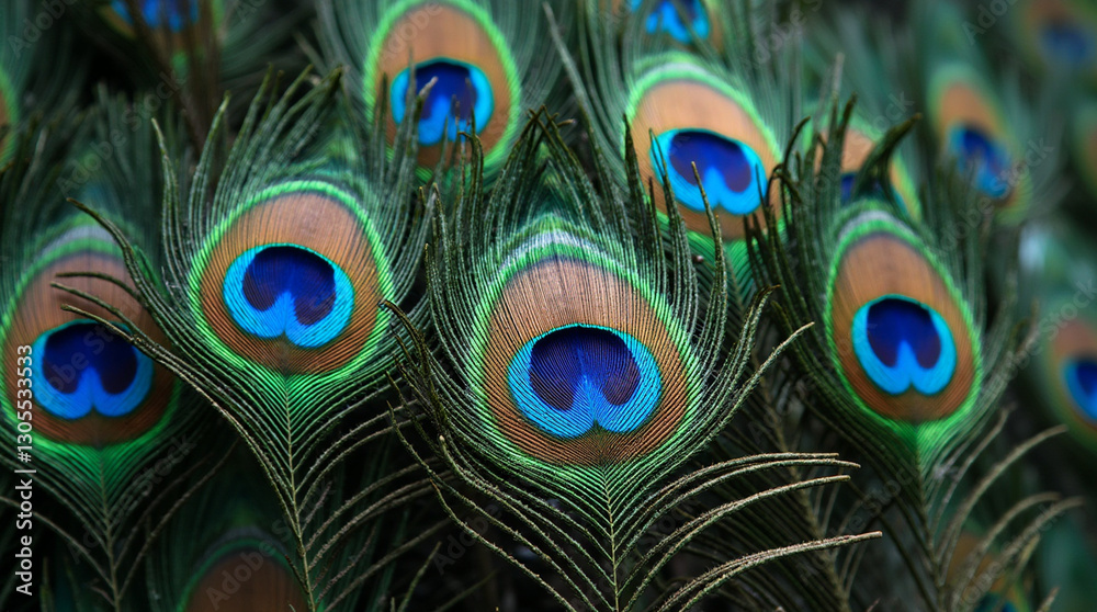 Fototapeta premium Macro Shot of Water Droplets on the Shimmering Tail Feathers of a Peacock