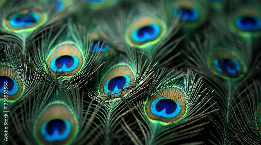 Obraz premium Macro Shot of Water Droplets on the Shimmering Tail Feathers of a Peacock