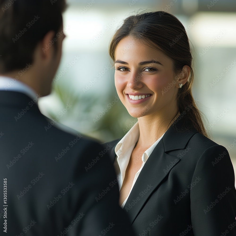 Professional interaction between two individuals in a modern office setting with warm lighting Professional interaction between two individuals in a modern office setting with warm lighting