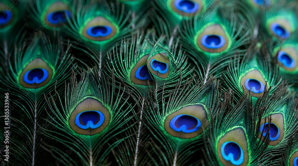 Obraz premium Macro Shot of Water Droplets on the Shimmering Tail Feathers of a Peacock