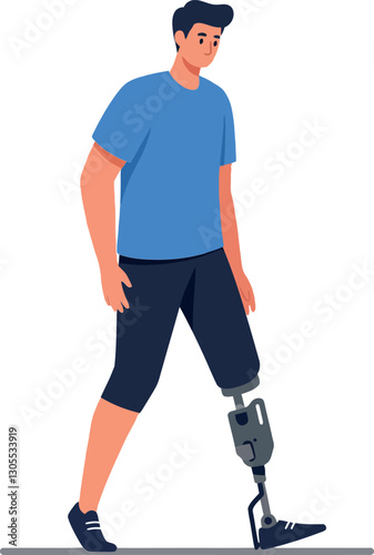 Young man with a prosthetic leg confidently walking in a casual blue shirt and shorts in a flat vector illustration