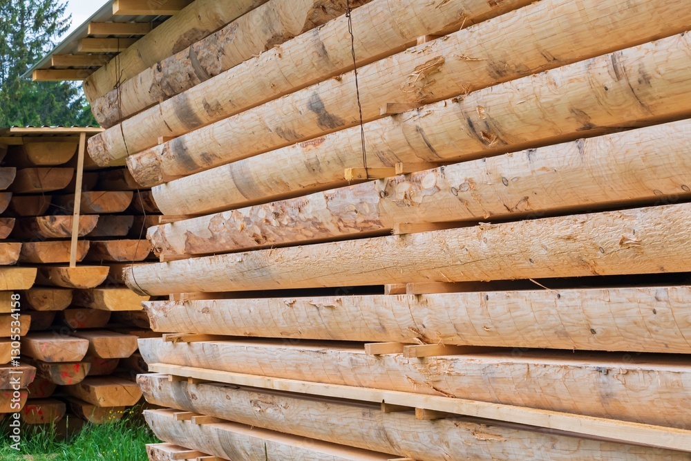 Wooden log house in the forest in the mountains. Stacked wooden logs. Wooden log house in the forest in the mountains. Stacked wooden logs.