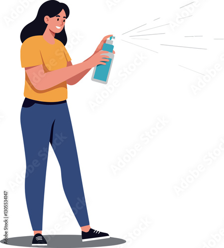 A woman holding a spray can in a bright yellow shirt, performing an artistic action in a minimal vector illustration