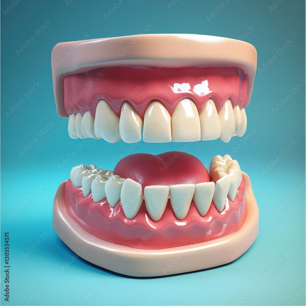 Unique sculpture featuring oversized teeth and a heart in a playful arrangement on a bright blue background Unique sculpture featuring oversized teeth and a heart in a playful arrangement on a bright blue background