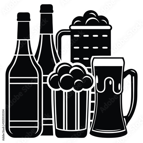 Vintage Beer Mug Collection,Retro Beer Glasses and Barley,Classic Beer Stein Design | Brewery-Themed Artwork.