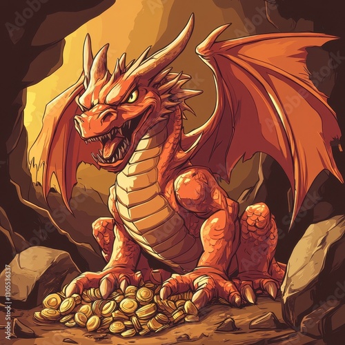 A fearsome red dragon is guarding its golden treasure hoard photo