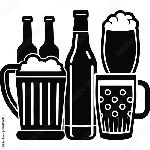 Vintage Beer Mug Collection,Retro Beer Glasses and Barley,Classic Beer Stein Design | Brewery-Themed Artwork.