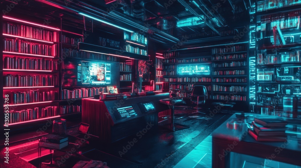 A futuristic library with books and neon lights glows brightly A futuristic library with books and neon lights glows brightly