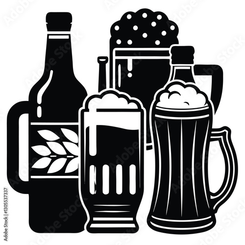 Vintage Beer Mug Collection,Retro Beer Glasses and Barley,Classic Beer Stein Design | Brewery-Themed Artwork.
