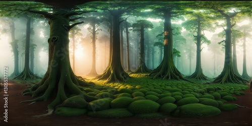 Full 360 degrees seamless spherical panorama HDRI equirectangular projection of Fairtale Magic Mystical Forest . Texture environment map for lighting and reflection source rendering 3d scenes.