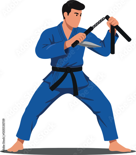 Male martial artist in blue uniform demonstrating martial arts moves with nunchaku and knife in a dynamic and focused pose, flat vector illustration