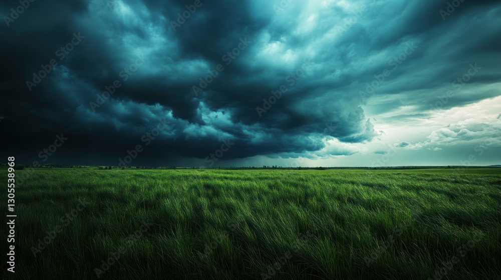 A stormy sky and green field create a dramatic landscape A stormy sky and green field create a dramatic landscape