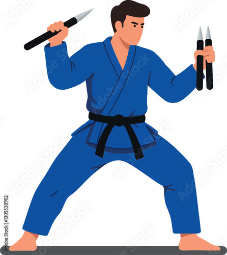 A martial artist in blue uniform demonstrating skillful poses with ninja weapons in a dynamic flat vector illustration showcasing strength and focus in action