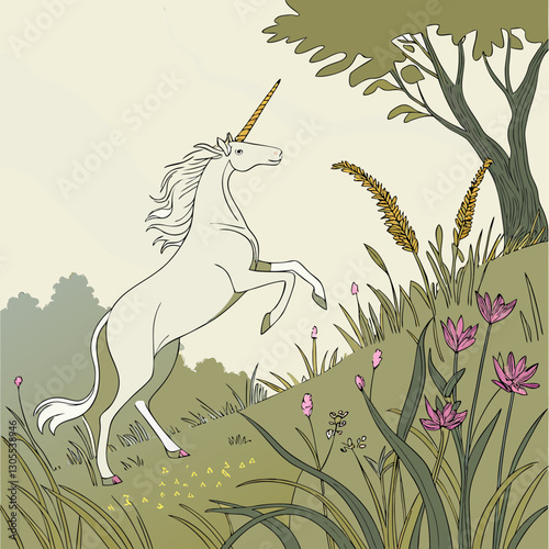  A majestic mythical white unicorn gracefully posing in an enchanted grassland, captured through 3D rendering, showcasing fantasy and magic