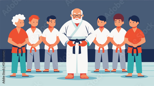 With reverence and respect a group of senior martial artists bow to their sensei before beginning their karate lesson embodying the discipline and courtesy of the practice.. Vector illustration