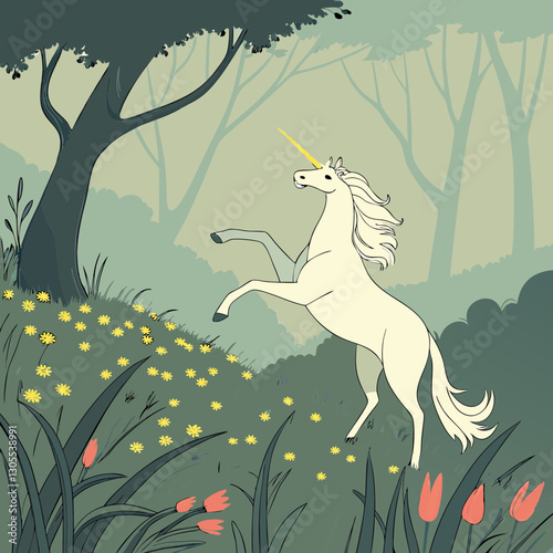  A majestic mythical white unicorn gracefully posing in an enchanted grassland, captured through 3D rendering, showcasing fantasy and magic