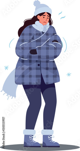 A young woman shivering in a cozy blue plaid winter coat and hat, exhibiting a flat design style in vibrant vector art