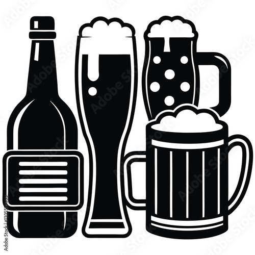 Vintage Beer Mug Collection,Retro Beer Glasses and Barley,Classic Beer Stein Design | Brewery-Themed Artwork.