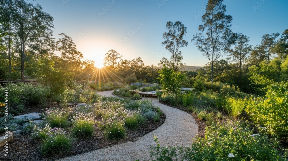 A Garden Path Leads Towards The Setting Sun With Trees A Garden Path Leads Towards The Setting Sun With Trees