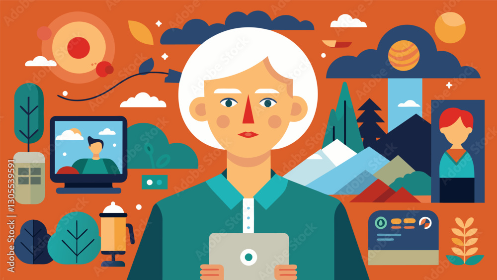 Through her digital collage an elderly artist tells the story of her life journey incorporating elements of traditional art and embracing the endless possibilities of digital. Vector illustration Through her digital collage an elderly artist tells the story of her life journey incorporating elements of traditional art and embracing the endless possibilities of digital. Vector illustration