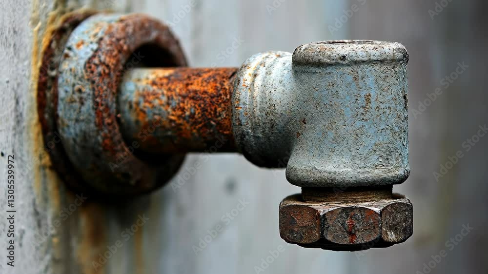 Rusty metal pipe connected to wall showcasing wear and tear from exposure Rusty metal pipe connected to wall showcasing wear and tear from exposure